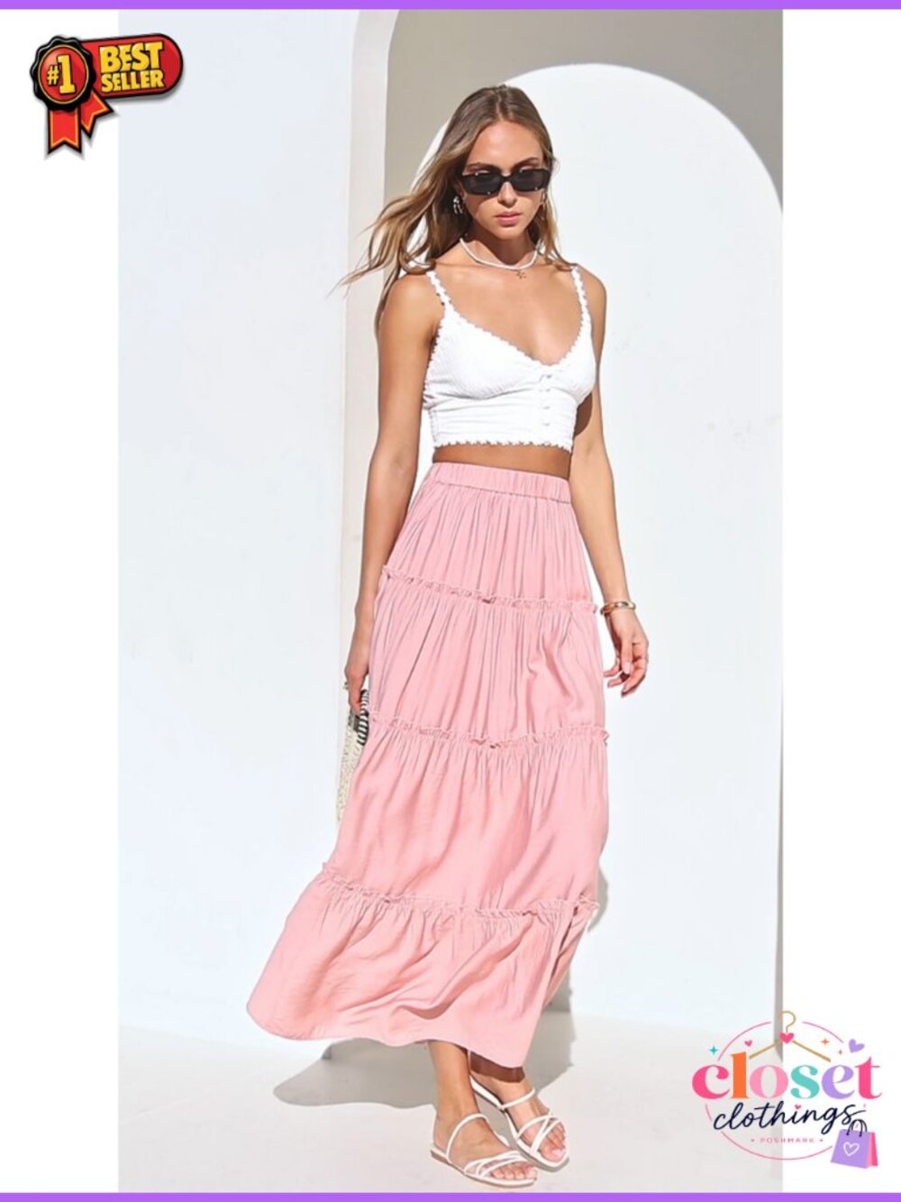 Women's Boho Tiered Ruffle Flowy Maxi Skirt with Pockets - Picture 6 of 6
